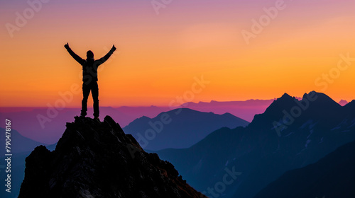 Adventurous Hiker Celebrating Success on Mountain Peak at Sunset © Mutshino_Artwork