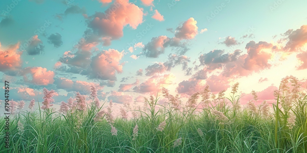 Green grass under a pastel sky decorated with delicate pink clouds. Aesthetic calm landscape. Generative AI