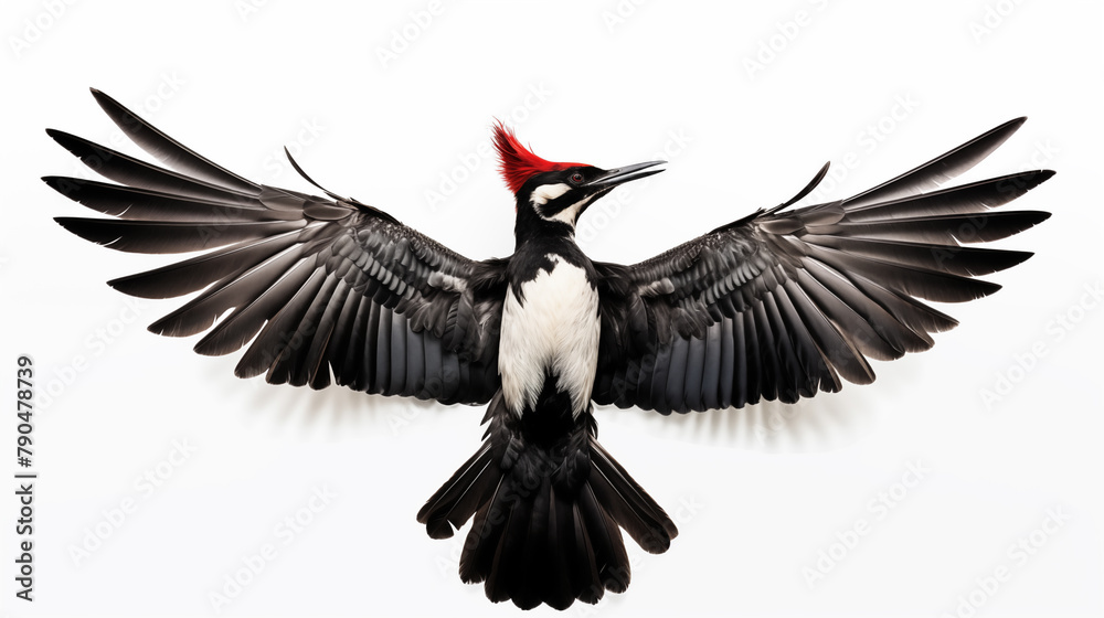 Fototapeta premium A striking silhouette of a full body view of a pileated woodpecker against white background ~ Created using Generative AI