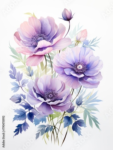 Watercolor anemone clipart featuring bold blooms in shades of purple and blue