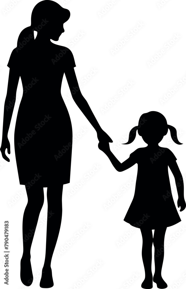 silhouette of a woman and child holding hands