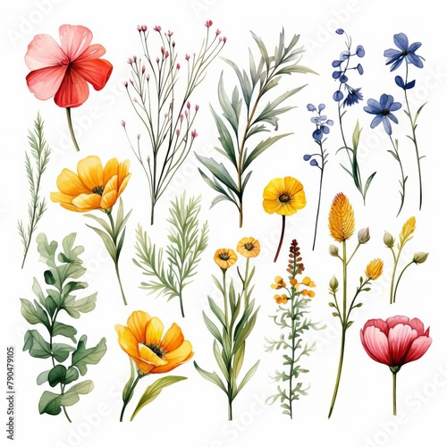 Watercolor wildflower clipart featuring a mix of colorful blooms and greenery