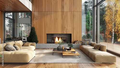 House near the forest featuring a modern interior with a fireplace. Presented in 3D render. Made with generative AI technology