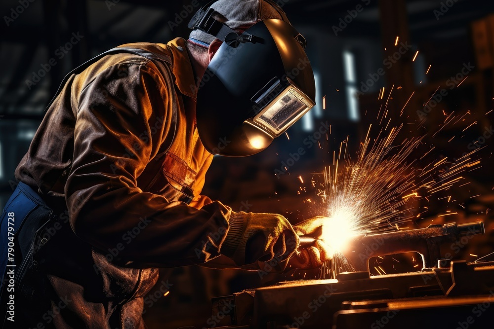 A welder is actively engaged in welding a piece of metal, creating sparks and fusing the materials together. Generative AI A welder is actively engaged in welding a piece of metal, creating sparks and fusing the materials together. Generative AI