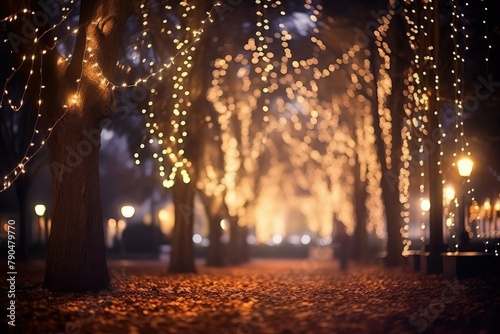 A park filled with numerous trees illuminated by strings of twinkling lights  creating a magical and festive atmosphere. Generative AI