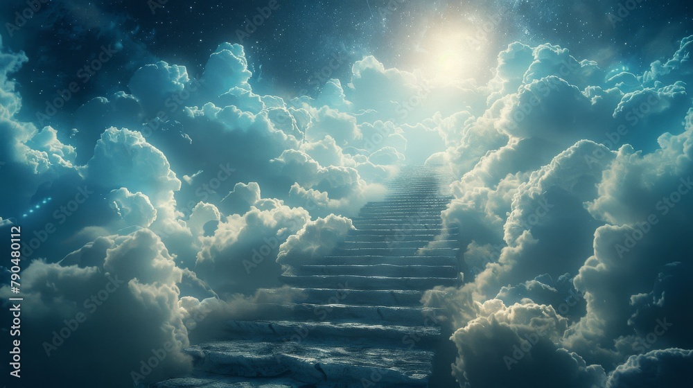 Celestial staircase ascending through the clouds towards a radiant light
