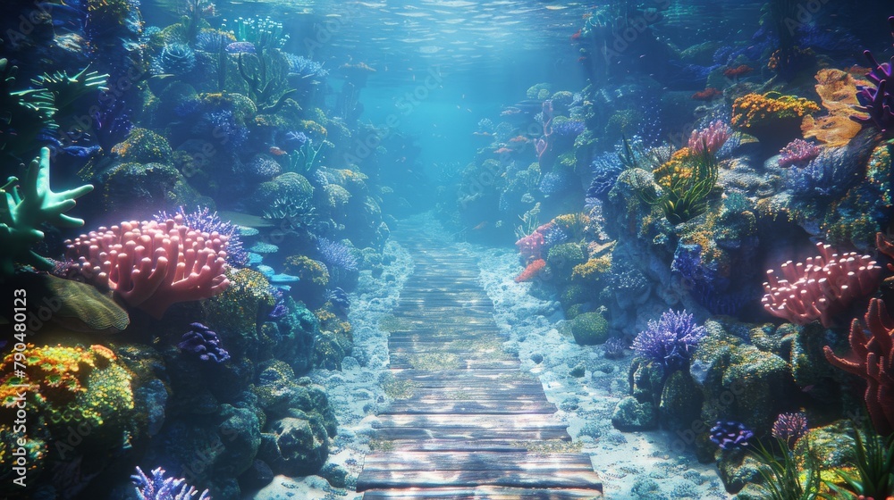 Obraz premium Underwater coral reef with a wooden walkway