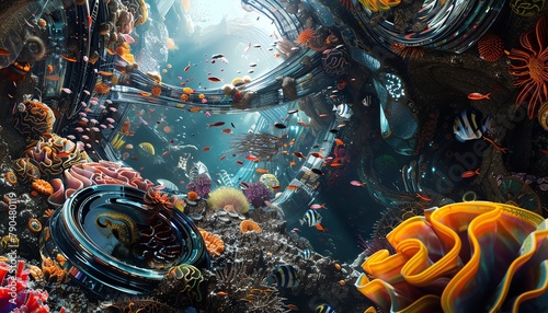 Capture the intricate details of metallic structures blended with colorful marine life in a CG 3D rendering