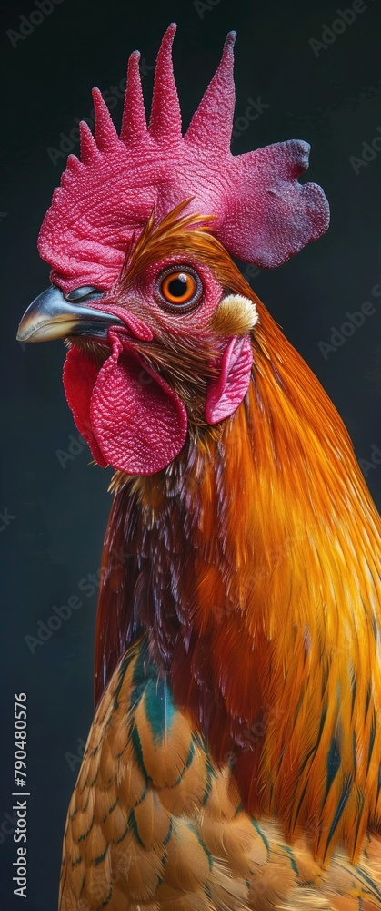 Fototapeta premium Majestic rooster's head, proud and fierce, exuding strength and determination 🐓🔥 Capturing the spirit of a warrior, symbolizing courage and leadership in every detail. #RoosterPower