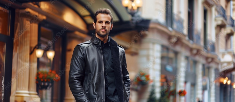 A stylish man wearing a black leather jacket and black pants is confidently standing on the bustling city street