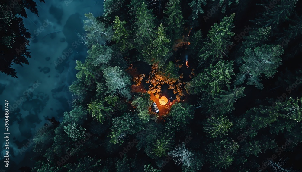 Transform the essence of wilderness camping into a mesmerizing aerial view through drone photography, infused with pixel art for a unique and engaging perspective