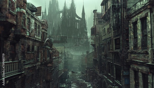 Render a haunting cityscape of dystopian Gothic architecture through unexpected camera angles, highlighting crumbling spires and twisted streets Digital Rendering Techniques, glitch art,