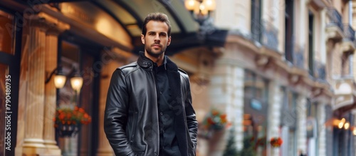 A stylish man wearing a black leather jacket and black pants is confidently standing on the bustling city street