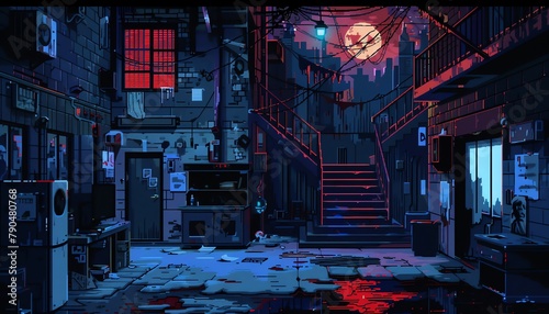 Translate the spine-chilling atmosphere of an urban exploration adventure into a detailed pixel art scene, showcasing the wide angle of fear and wonder