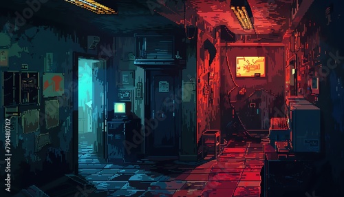 Translate the spine-chilling atmosphere of an urban exploration adventure into a detailed pixel art scene  showcasing the wide angle of fear and wonder