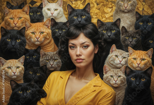 A dreamlike portrait of young beautiful woman surrounded by many cute kittens. Cat love, adopt, warm, comfort and cosiness concepts