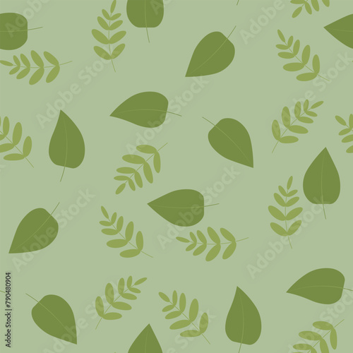 Green leaves isolated on a pastel green background. Abstract poplar and rowan leaves. Seamless pattern. Background for textile, paper, cover, dishes, interior decor.
