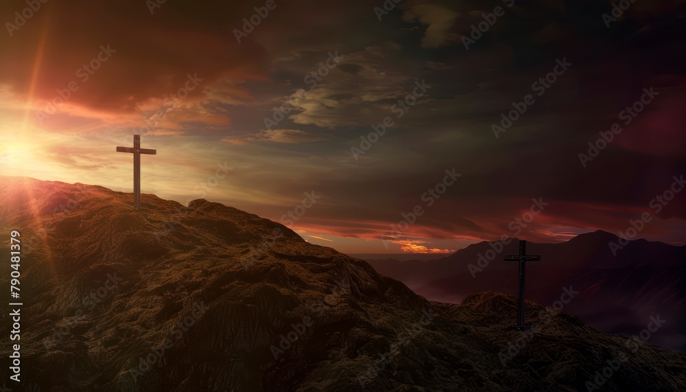 View of the Cross on the hill at dawn, with a beautiful sea of clouds View of the Cross on the hill at dawn, with a beautiful sea of clouds