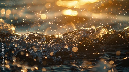 Waves sparkling in sunlight on a blurry water surface