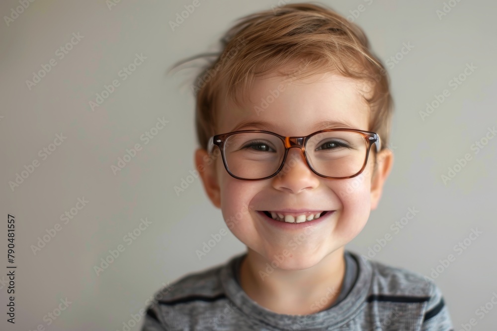 A child smiles with glasses on a plain background. Children's vision and eye health concept A child smiles with glasses on a plain background. Children's vision and eye health concept