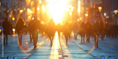 Group of People Walking Down a Street at Sunset. Generative AI © Lukasz Czajkowski