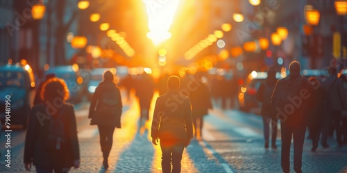 Group of People Walking Down a Street at Sunset. Generative AI photo