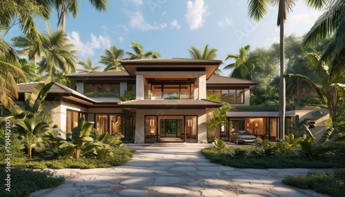Sleek exterior design seamlessly blends with nature 🌿 Modern architecture harmonizes with lush surroundings, creating a tranquil retreat 🏡  NaturalElegance © Elzerl