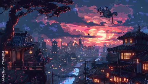 Design a composition featuring phoenixes and yetis investigating a glowing cityscape at dusk  portrayed in detailed pixel art with dynamic lighting effects