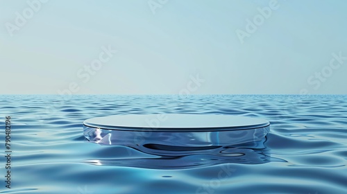 Abstract 3D Display Stand: Glass Podium on Blue Water Background. 3D Display Stand on Blue Water Background with Glass Podium Cosmetic Product Presentation.