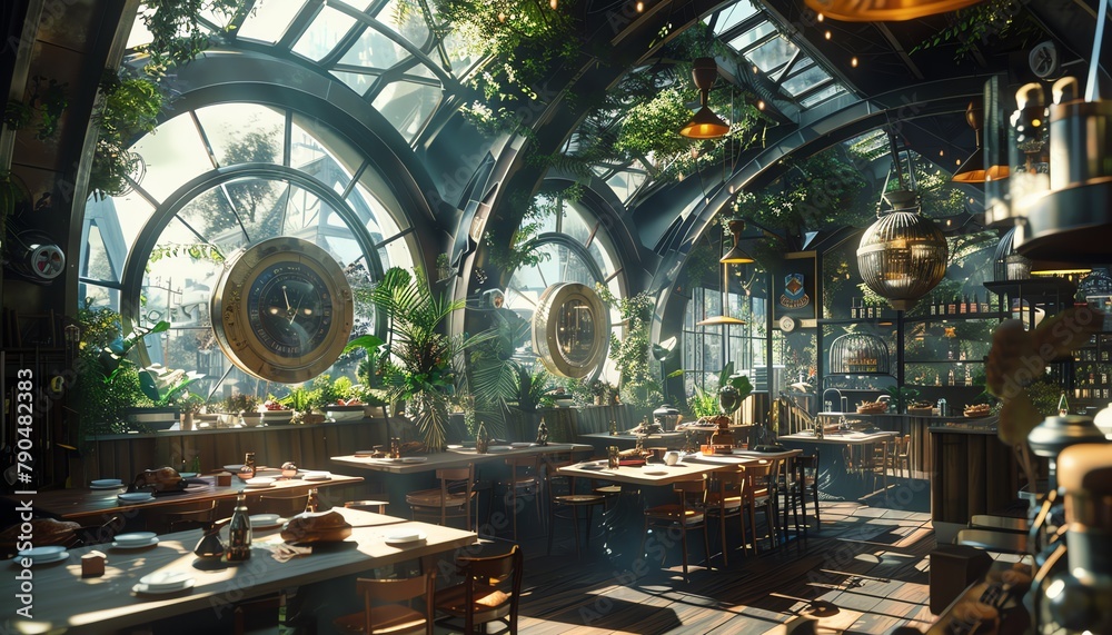 Illustrate a dystopian culinary landscape using CG 3D rendering techniques Implement innovative lighting strategies to highlight the depth and complexity of the scene, bringing a surreal and captivati
