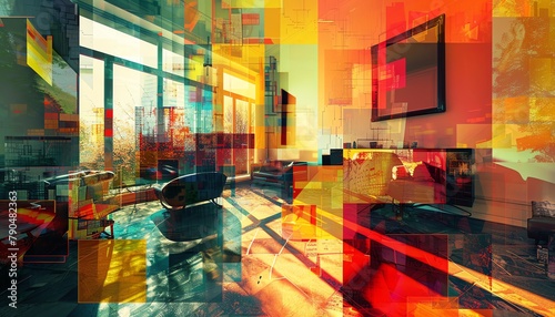 Illustrate a depiction of Cubism meeting augmented reality through glitch art, utilizing an unexpected camera angle for a truly avant-garde approach
