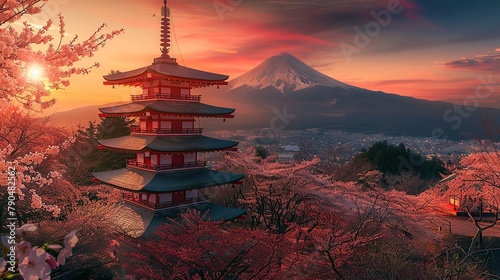Fujiyoshida, Japan Beautiful view of mountain Fuji and Chureito pagoda at sunset, japan in the spring with cherry blossoms. copy space for text. photo