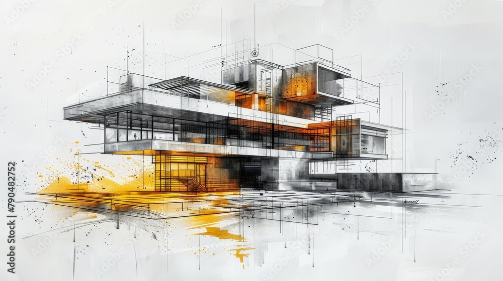 Fototapeta premium A sketch of Office, drawn by an architect on white background