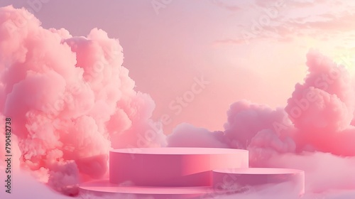 Background pink podium sky 3d platform luxury product beauty display render heaven dreamy stage. Pink stand smoke scene podium white background pastel romantic space sunset abstract backdrop light.
