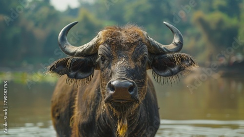 A bull with massive horns wades in the water
