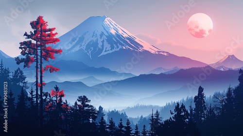 Japanese mountain landscape background, mount fuji japan vector style background for wall art print decor poster design. copy space for text. photo