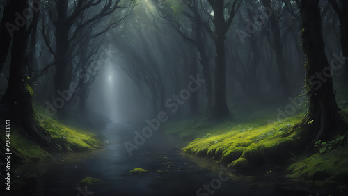 River in forest with bright light tunnel