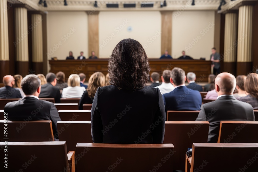 A female lawyer sits confidently in a chair facing a crowd of people, ready to address them. Generative AI