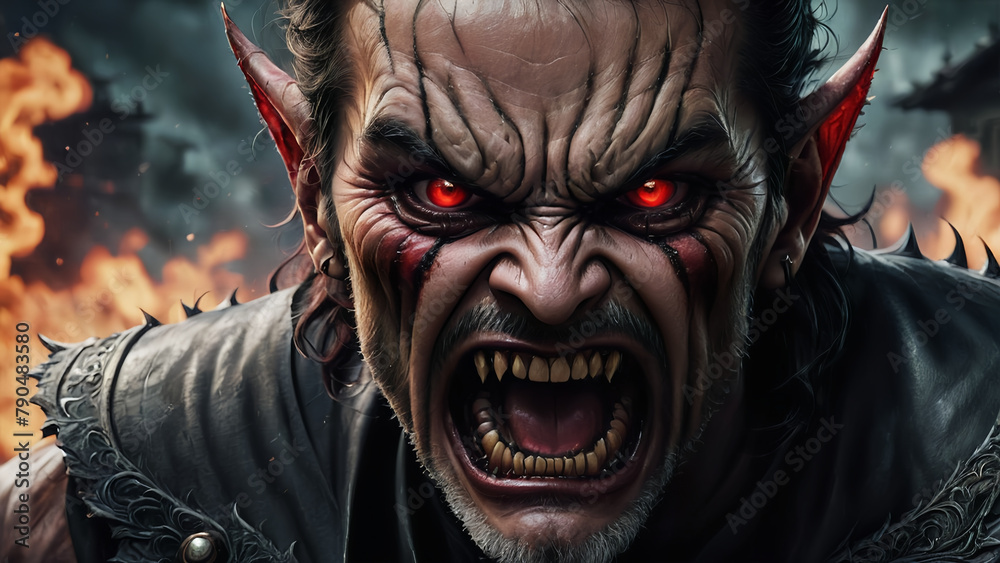 Close up demonic creepy rage of man with half devil Close up demonic creepy rage of man with half devil