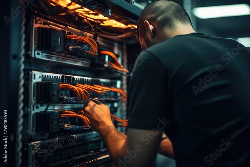 A technician is repairing a server in a server room, surrounded by technology equipment and cables. Generative AI