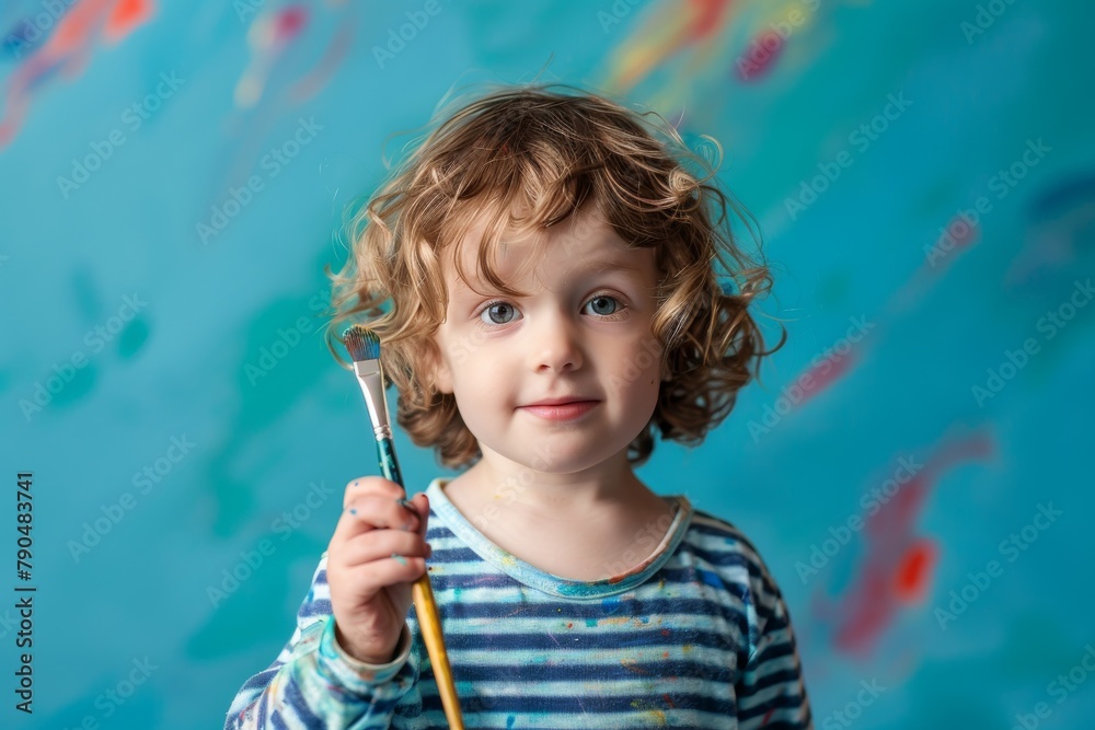 Child with paintbrush on blue background. Child with paintbrush on blue background.