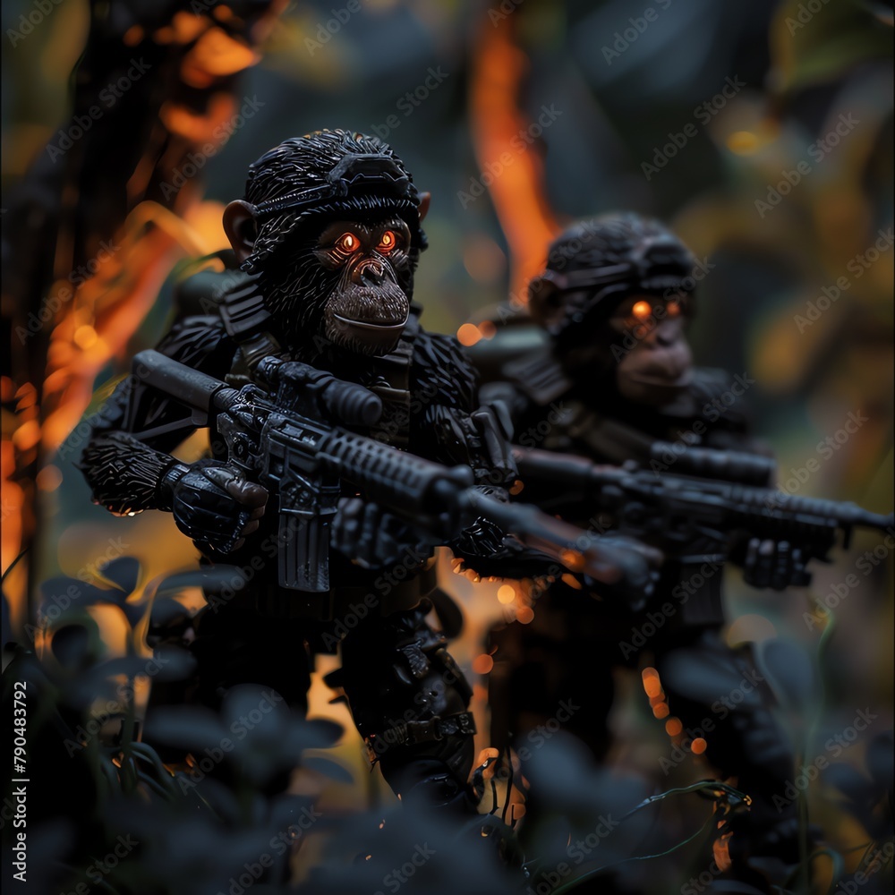 Monkey commando unit on stealth mission, night time, low-light, close angle