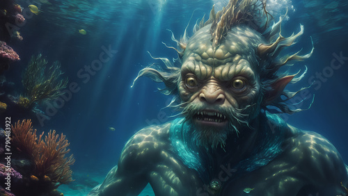 Scary humanoid man underwater creature