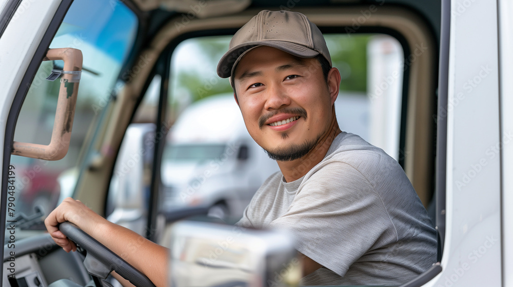 Asian truck driver smiles in open cab, looking out window. Casual, relaxed break on the road. Asian truck driver smiles in open cab, looking out window. Casual, relaxed break on the road.