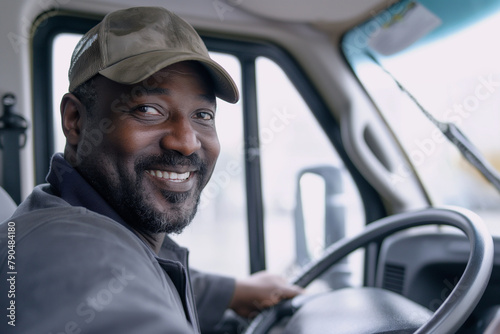 Black semi-truck driver, happy & confident on the road. Modern vehicle, professional transport.