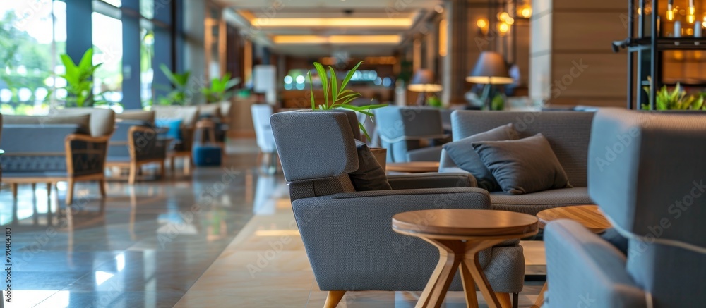 Multiple tables and chairs are neatly arranged in the lobby of a hotel, creating a welcoming and cozy atmosphere for guests.