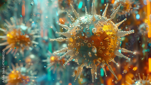 3D Illustration of Viruses in Detail with Holographic Effect on Light Background