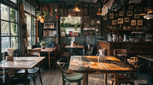 cozy cafÃ© interior inspired by rustic farmhouse aesthetics, featuring reclaimed wood furniture, vintage dÃ©cor, and warm lighting ​