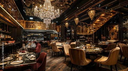 Craft a luxurious fine dining interior with opulent furnishings, crystal chandeliers, and rich fabrics, evoking a sense of elegance and refinement​ photo