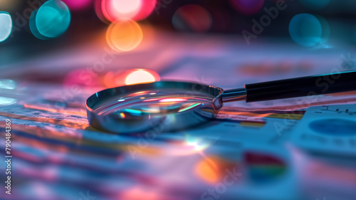 Magnifying glass on financial documents with colorful bokeh background. Close-up financial analysis concept. Design for presentation, report, business analysis, financial review. photo